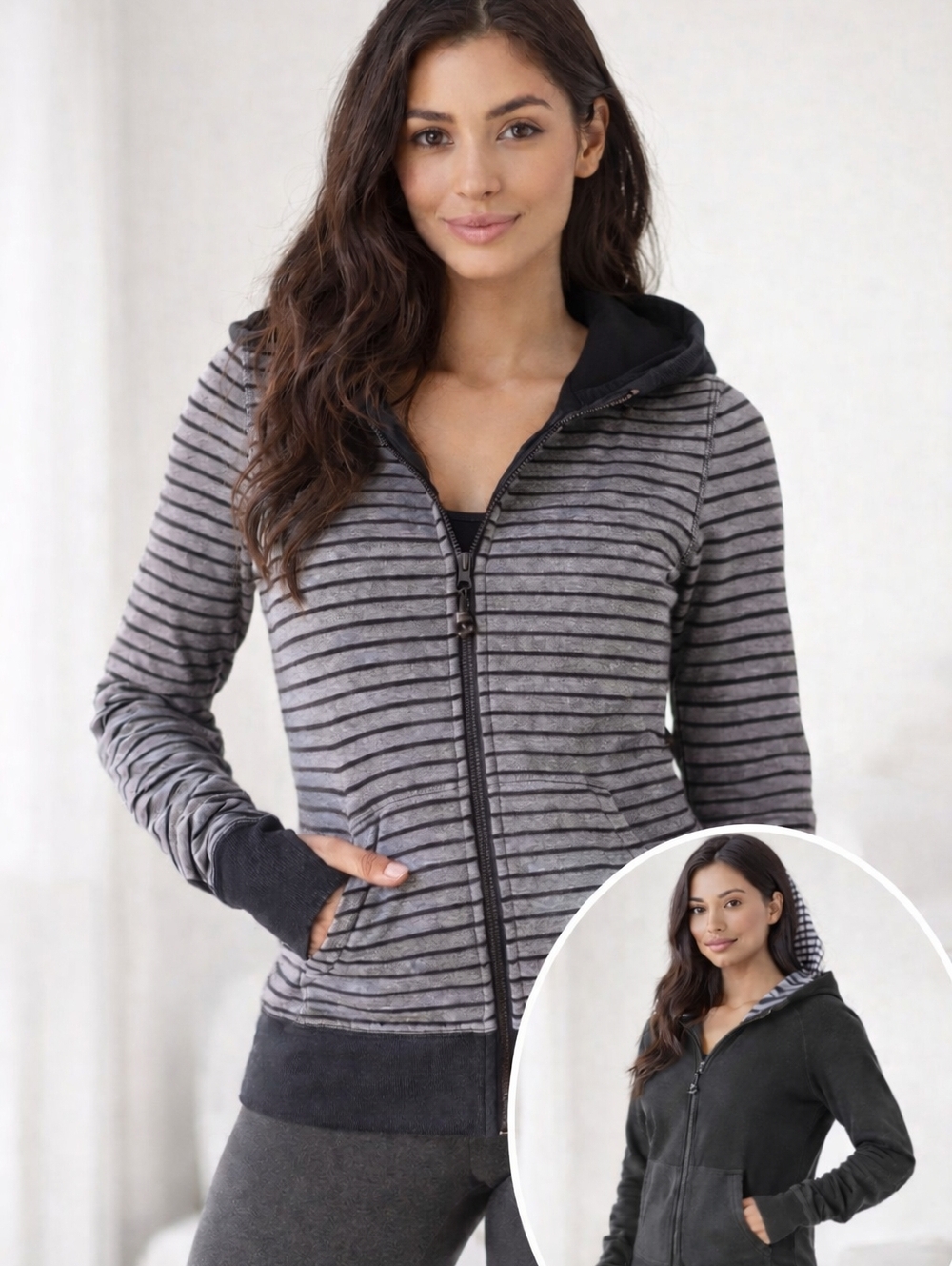 Lululemon Reversible  Hoodie Striped Full Zip Thumbholes And Rouched Sleeves